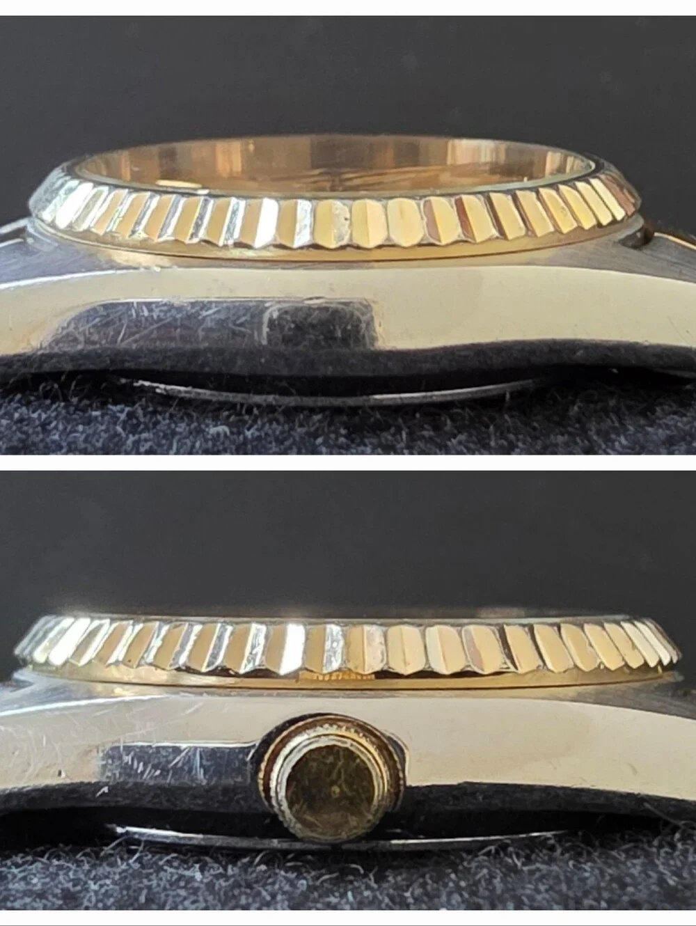 VTG Seiko SQ Gold Plated Fluted Bezel Two Tone English French Day Date Works